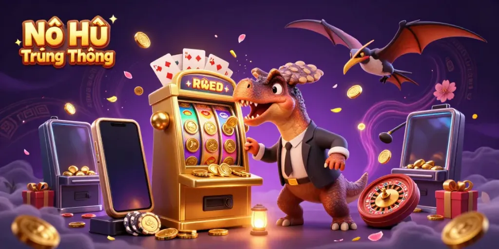 Experience the thrill of Nổ Hũ Trúng Thưởng where dinosaurs clash with a slot machine for jackpots!
