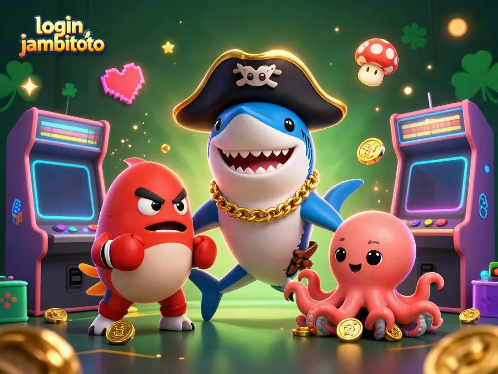 Join the action at login jambitoto, featuring a playful shark, pufferfish, and octopus surrounded by casino icons.