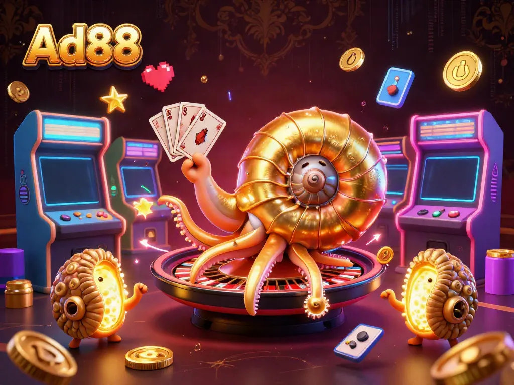 Ad88 showcases immersive 3D casino gaming with a nautilus roulette wheel and glowing ammonite companions.