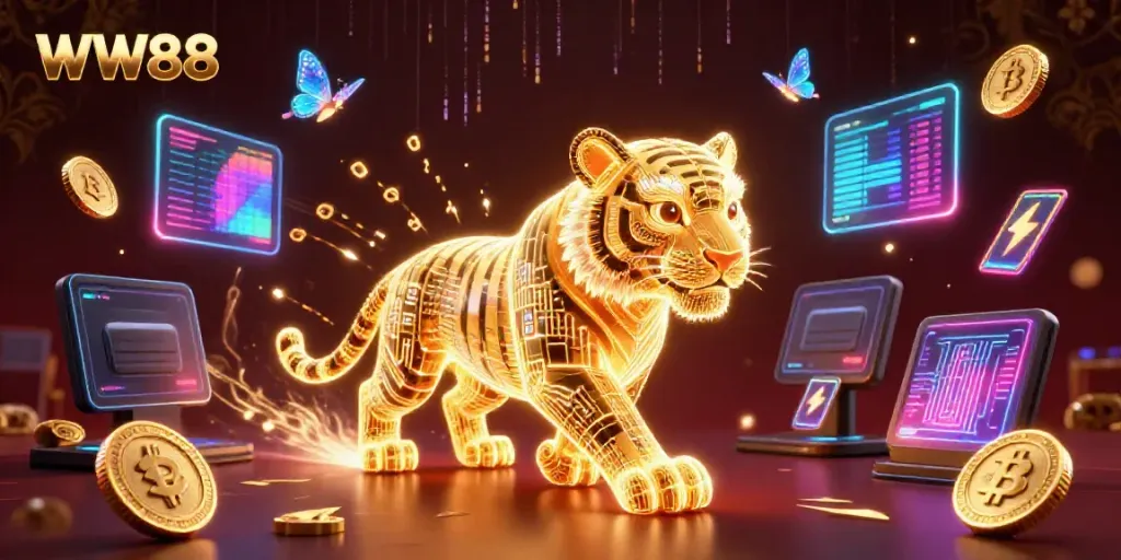 Experience the excitement of WW88 in a dynamic 3D casino atmosphere filled with vibrant digital elements.