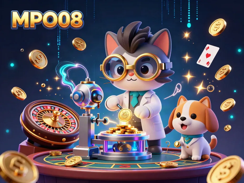 MPO08 offers exhilarating live casino gaming experiences with vibrant roulette wheels and cards amidst dynamic elements.