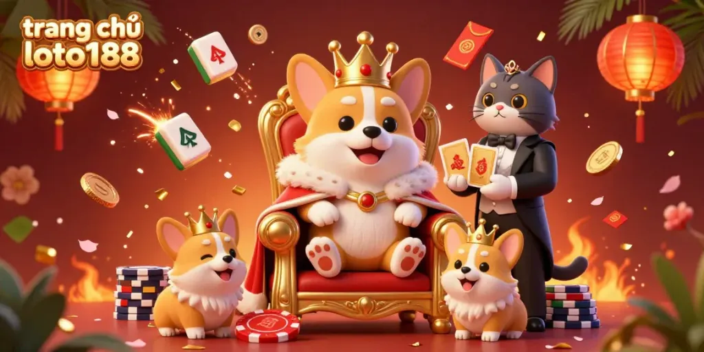 Engage in the exciting world of trang chủ loto188 with a vibrant 3D casino illustration featuring a royal corgi theme.