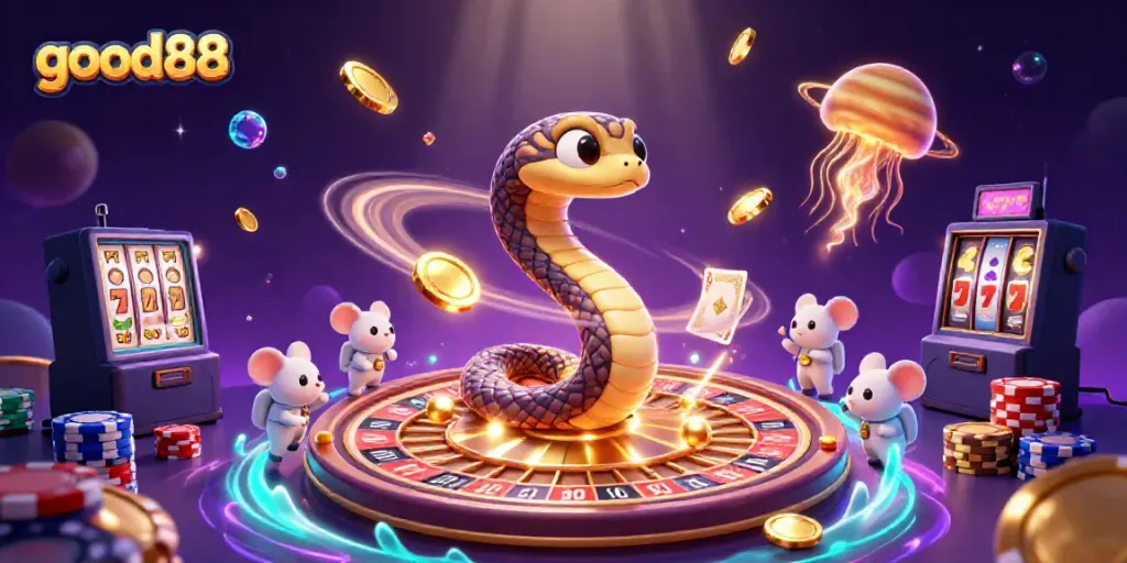 Engage with good88 in a vibrant cosmic casino scene featuring playful astronaut mice and a cosmic dealer.