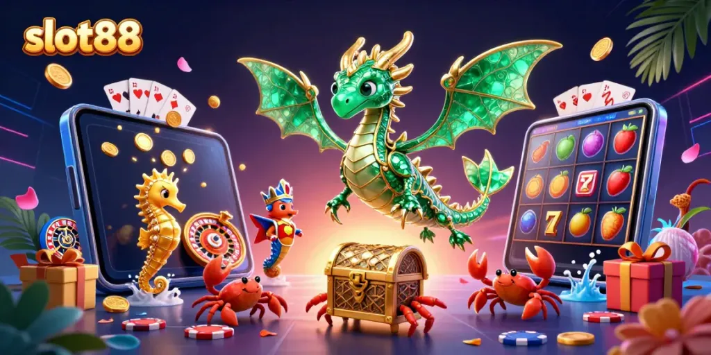 Experience slot88 excitement with a vivid treasure scene featuring emerald sea dragon and dynamic gaming elements.