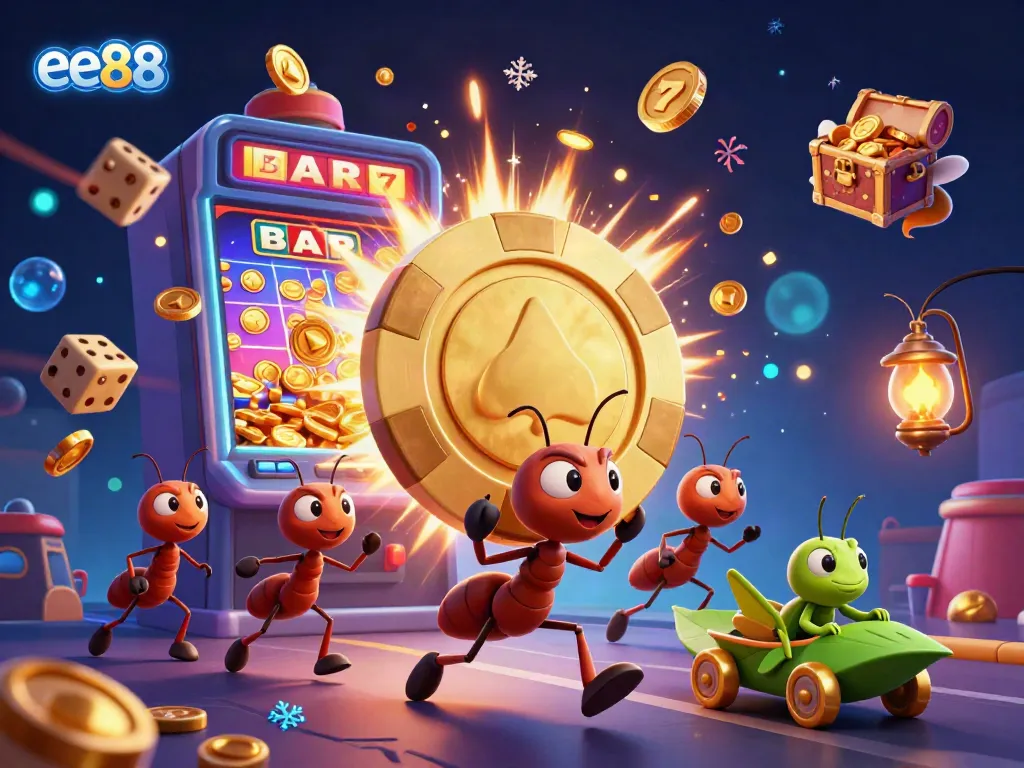 Experience the excitement of ee88 with a vibrant 3D illustration of ants and a grasshopper amidst casino treasures.
