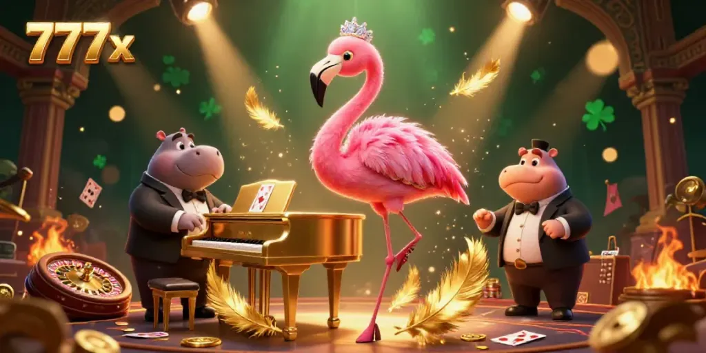 Get ready to play big at 777x with this vibrant casino illustration of a flamingo lounge singer and a hippo bassist, surrounded by rich gaming elements.