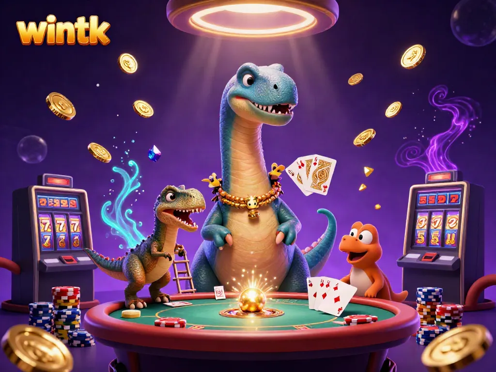 Experience thrilling action in the Wintk casino with a colossal dinosaur and raptor dealer.