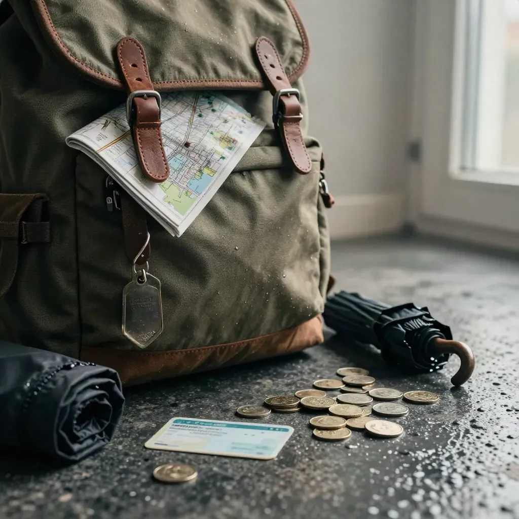 Rainy dawn travel gear on dark stone floor: backpack, map, jacket, umbrella, coins