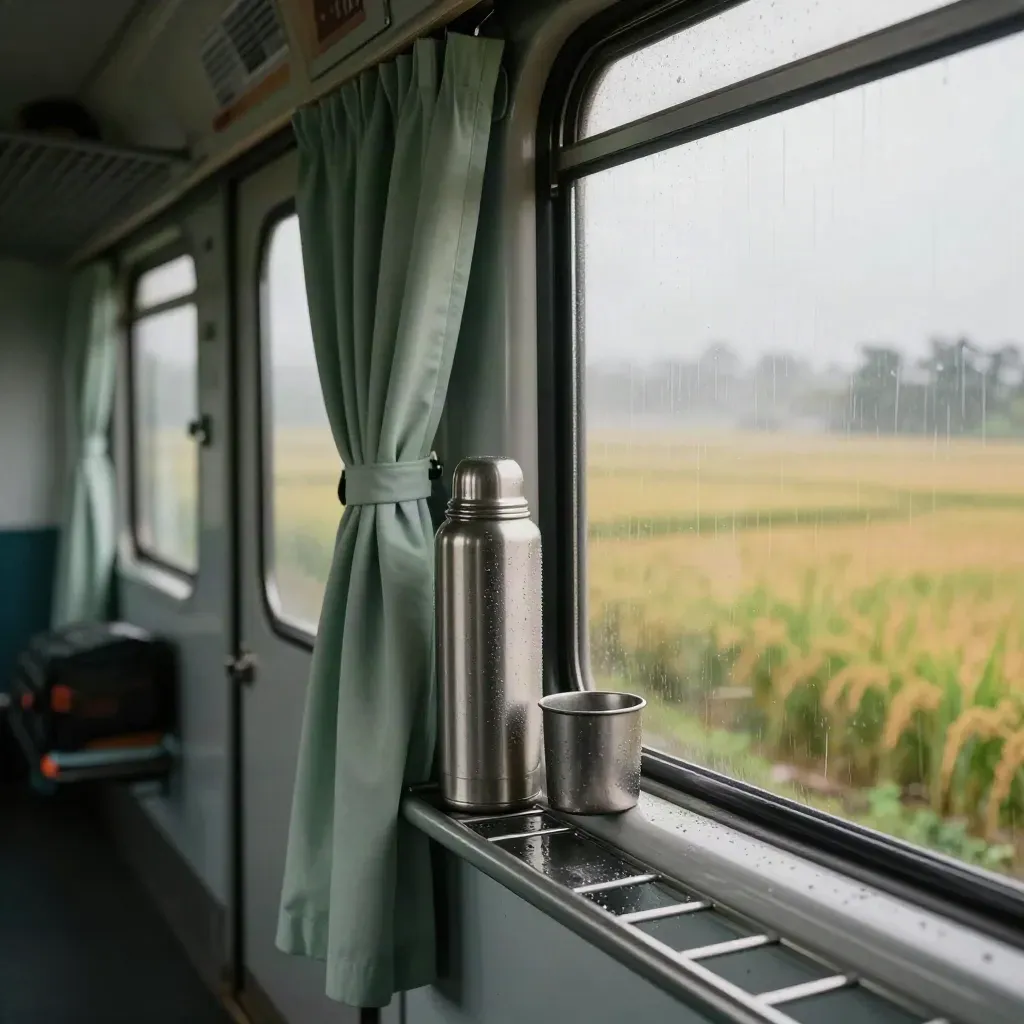 Sleeper train doorway with thermos, metal cup and misty dawn fields beyond.