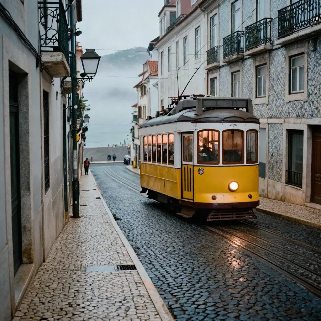 Yellow Lisbon tram bends through wet cobblestones under blue-hour mist.