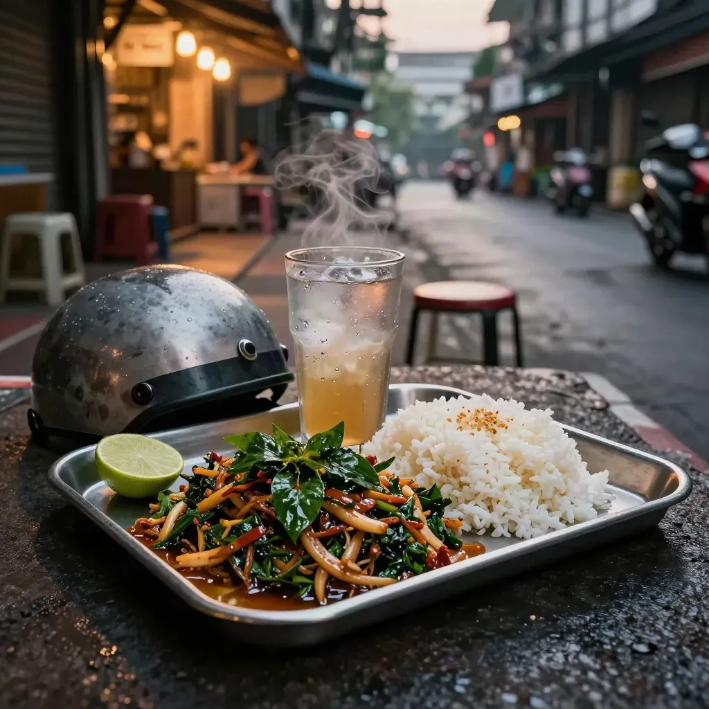Stainless tray of basil stir-fry with rice, lime, iced drink, helmet and stool in a Bangkok alley.