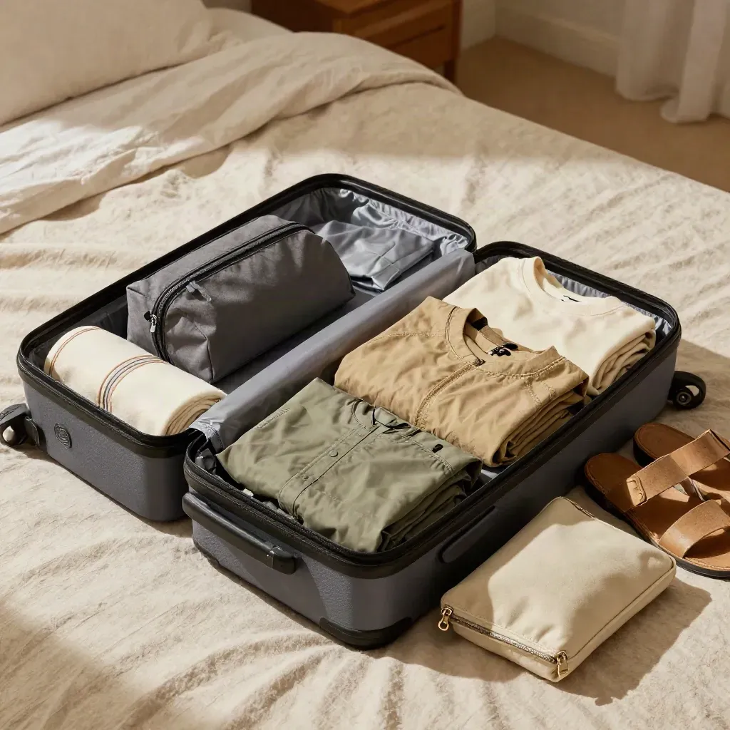 Open carry-on with neatly packed travel essentials on a bed in warm morning light.