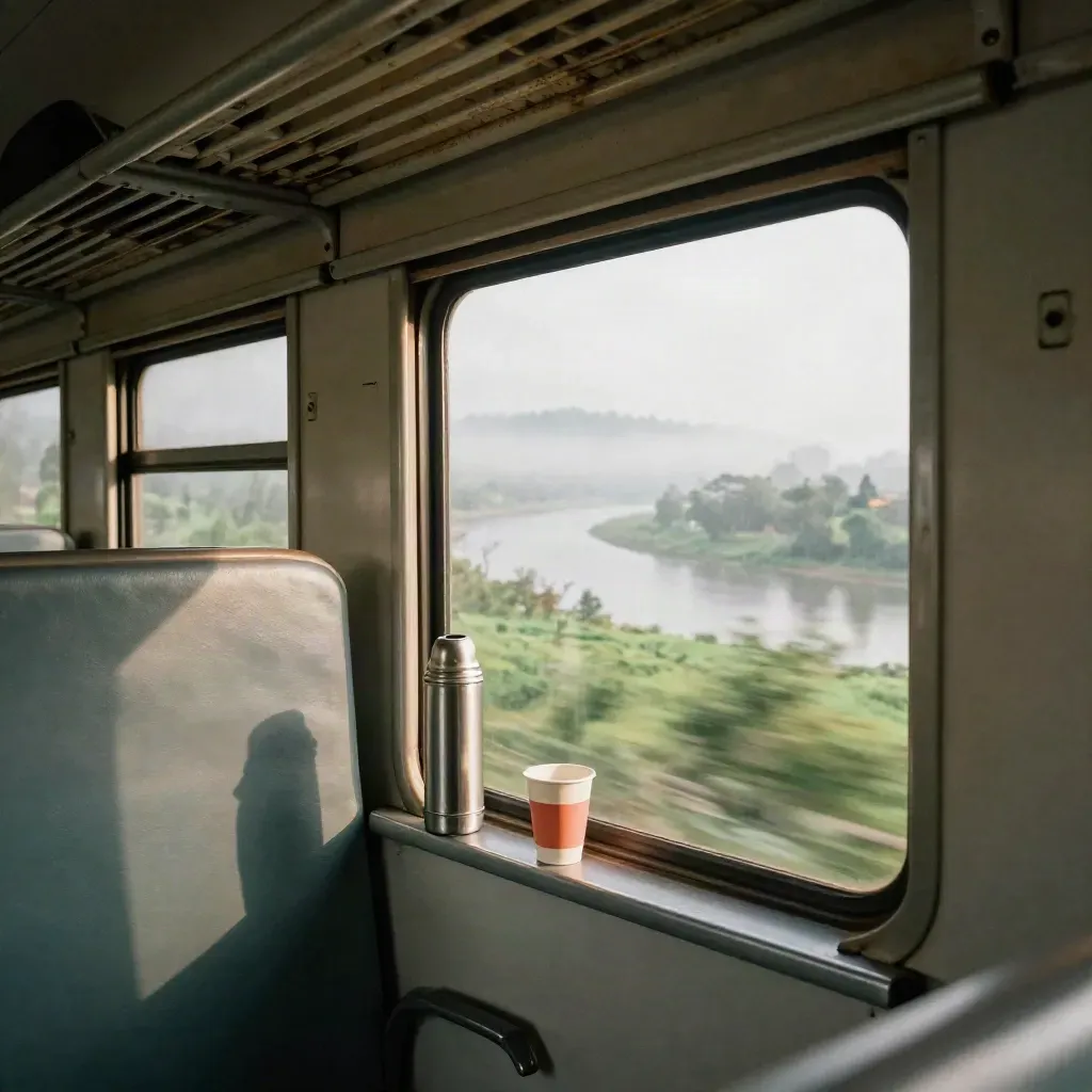 Vietnam train doorway with thermos and paper cup swaying past a misty green valley.