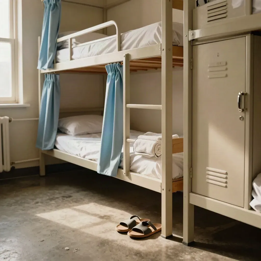 Low-angle hostel bunk room, crisp white sheets, towel, locker and sandals after cleaning.