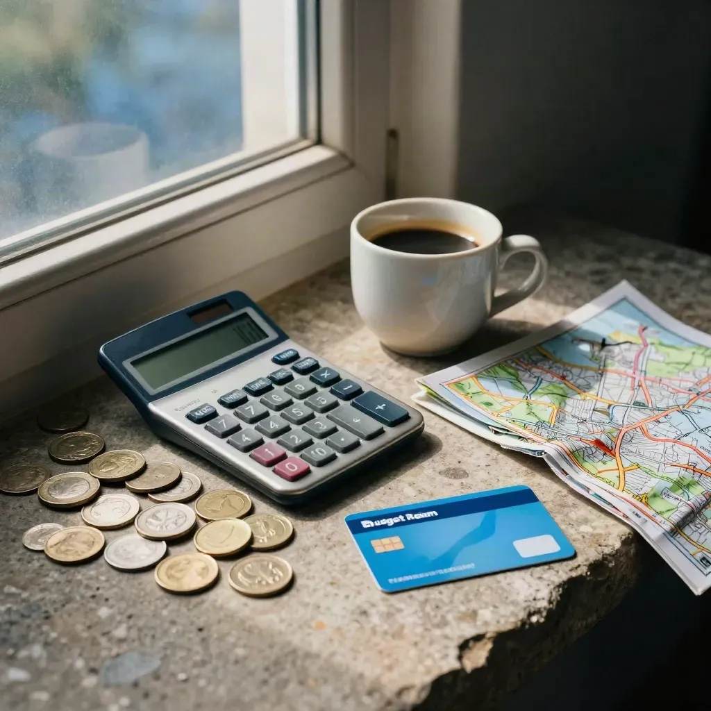 Calculator, coins, transit card, map and coffee cup on a stone ledge in window light