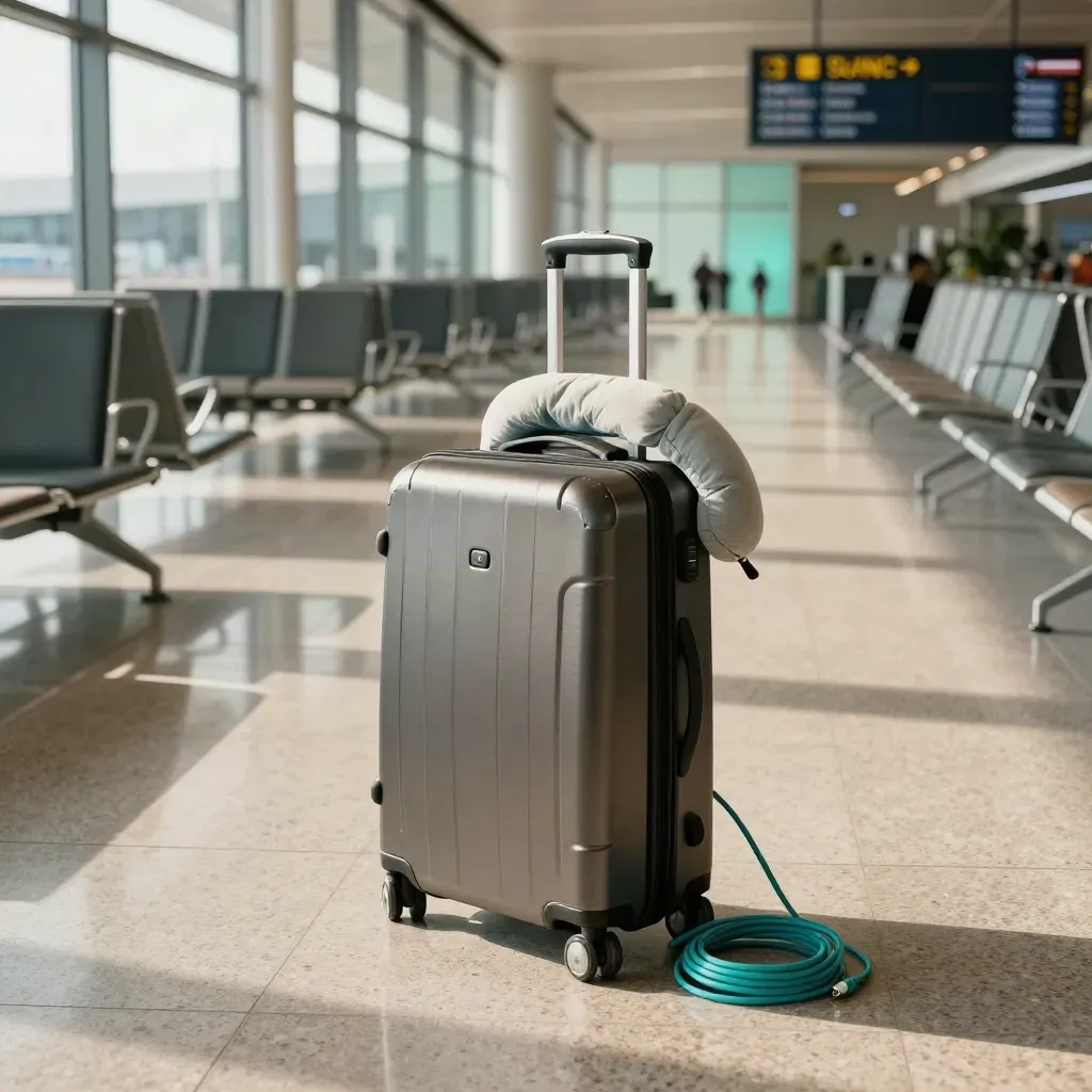 Empty airport gate with carry-on, neck pillow and cable after boarding.