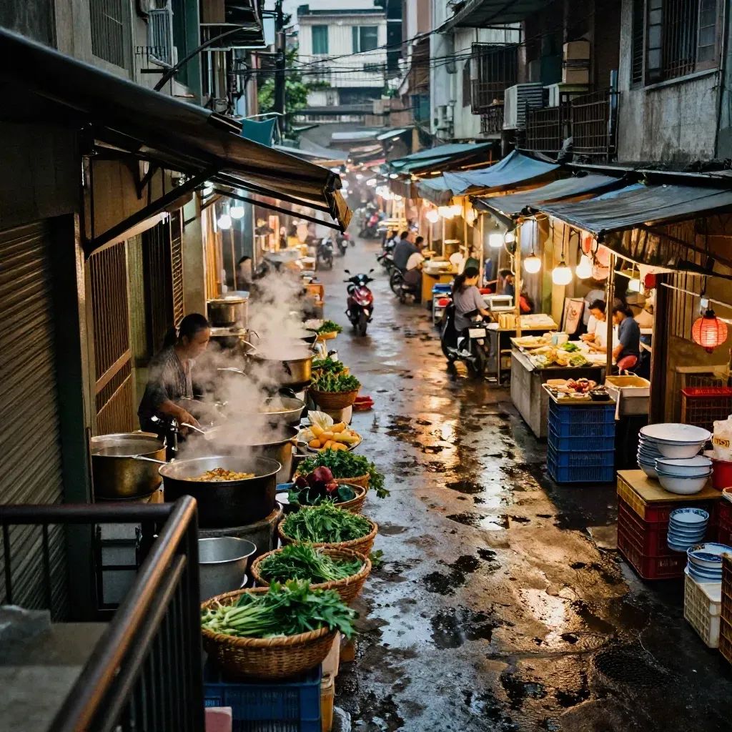 Steam-lit Hanoi night market lane with lantern glow, crates, and wet reflections.