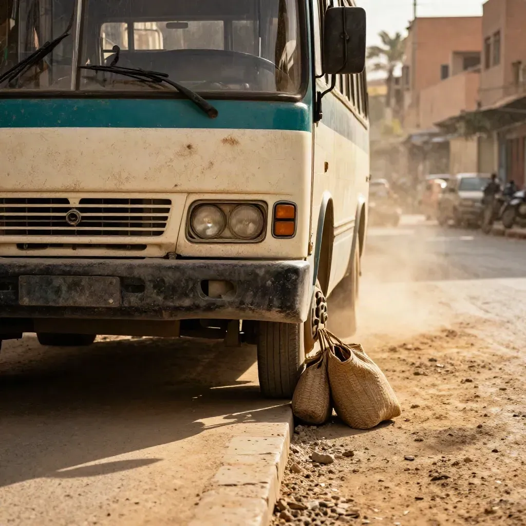 Dusty Marrakech bus nose at curb with woven bags, teal trim, tire, and glowing tiled wall.