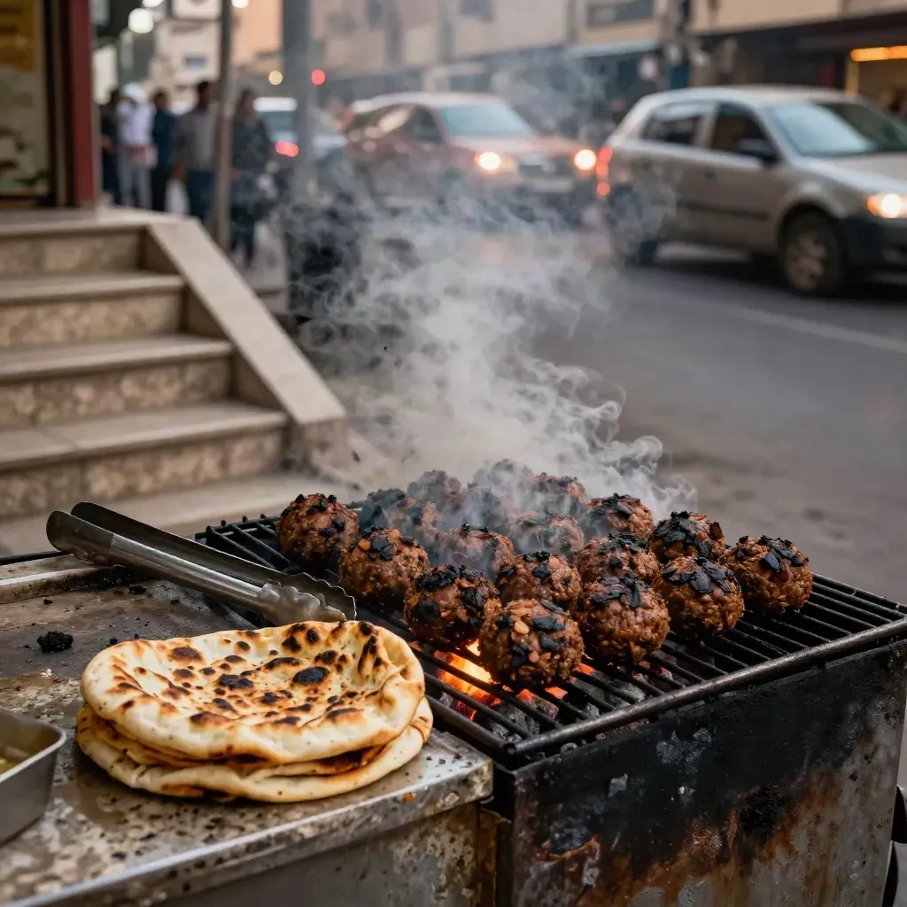 Cairo falafel grill by metro stairs with steam, flatbread, and traffic glow at dusk