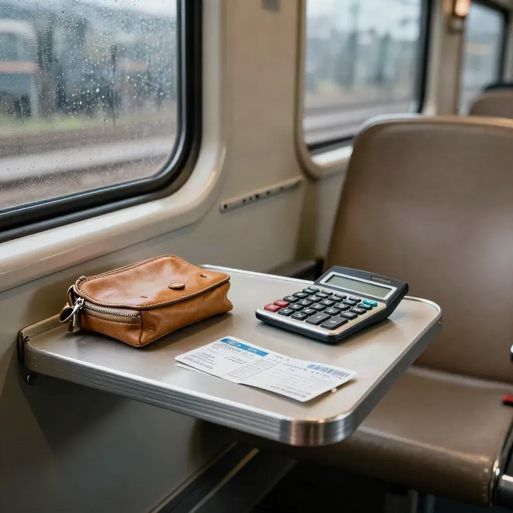 Rail-car seat with coin purse, calculator and ticket sleeves on a fold-down table, moody blue light.