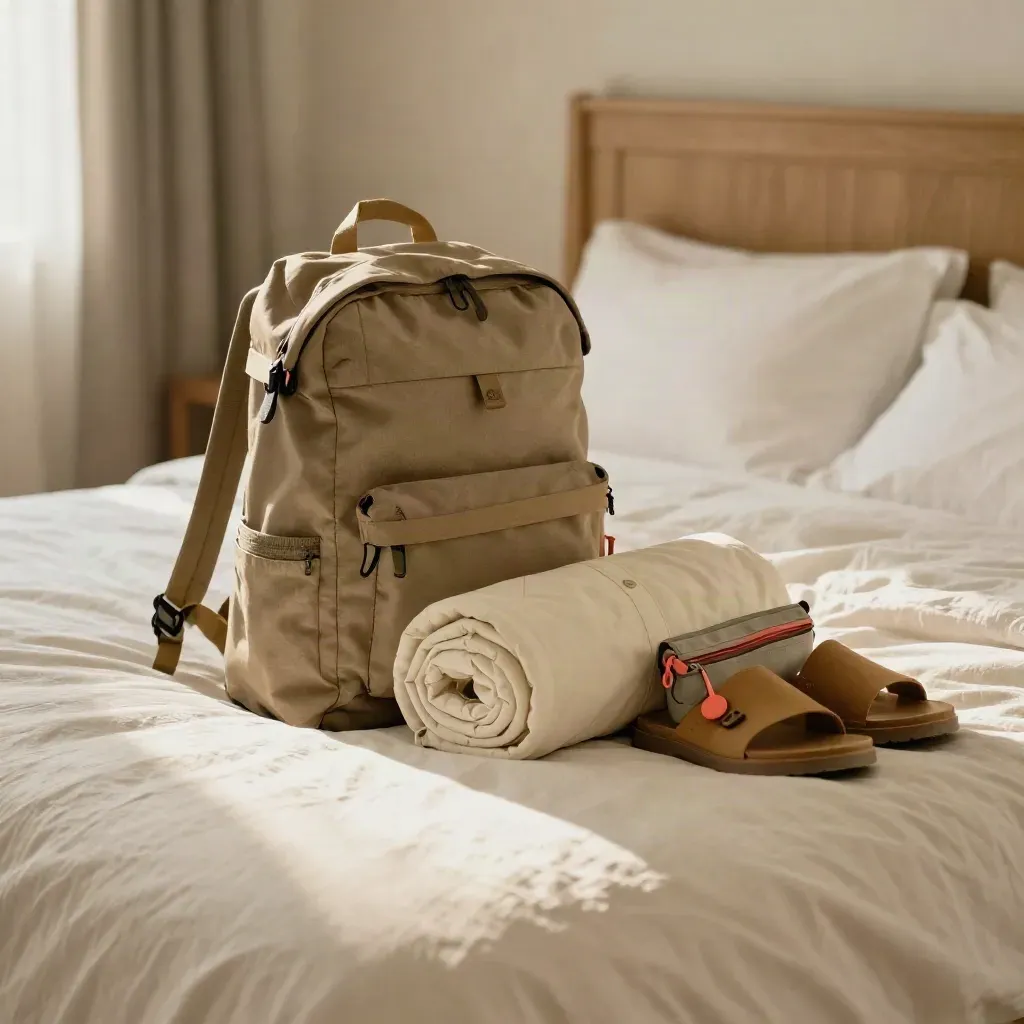Compact backpack with packed travel essentials on a hotel bed in warm morning light