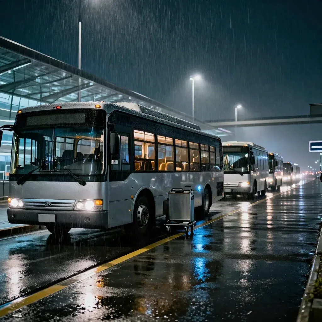 Rainy airport shuttle bay with bus, rail edge, and luggage trolley glowing at night.
