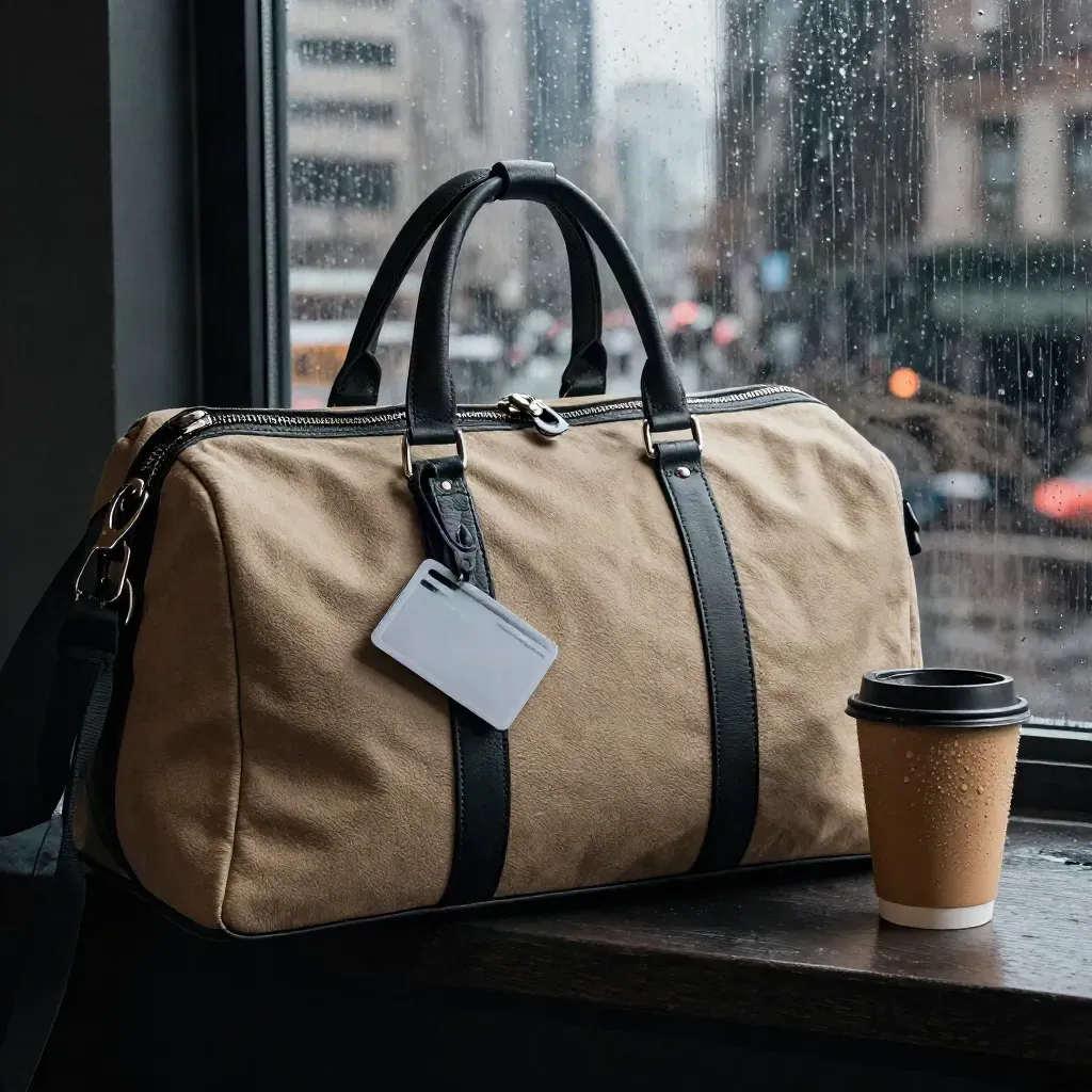 Rain-dark window still life with duffel, jacket, transit card, coffee cup, and blurred skyline.