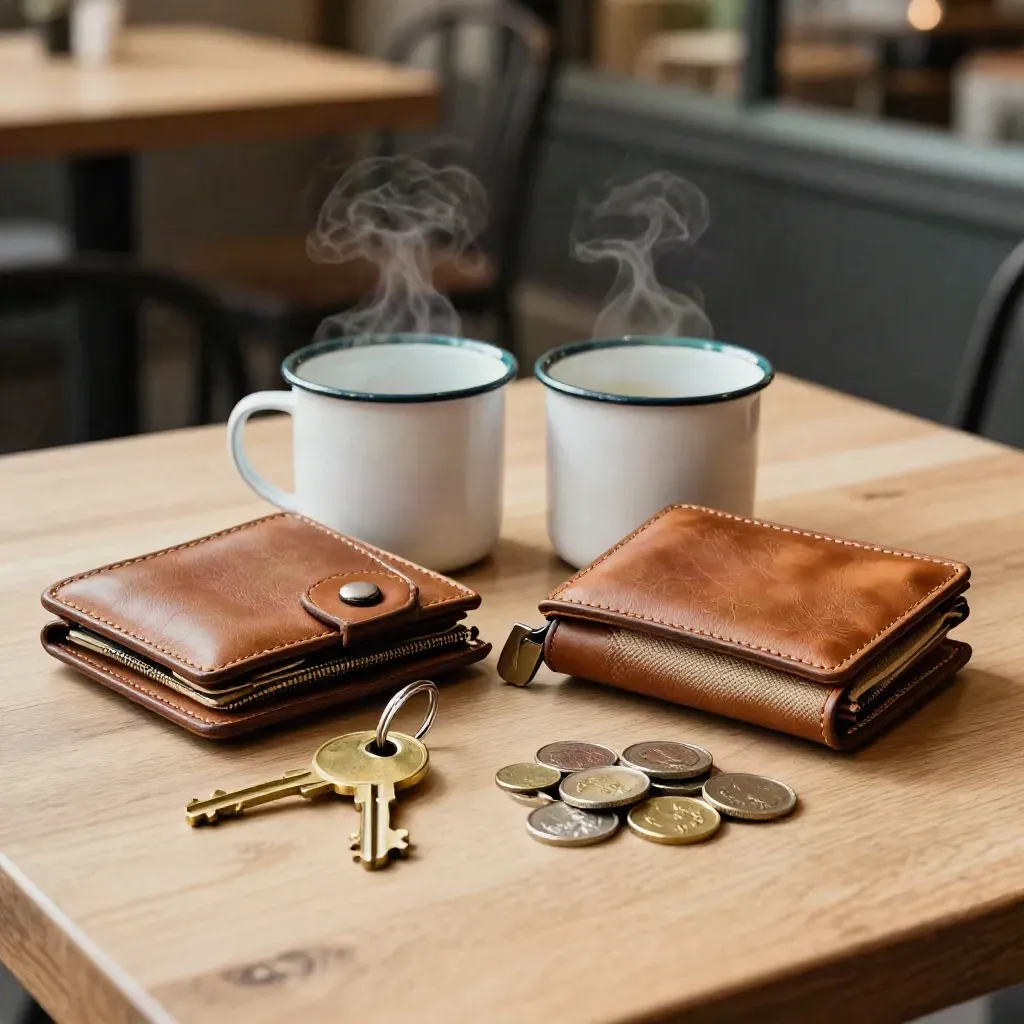 Travel wallets, keys, coins and enamel cups on a cafe table in warm light.