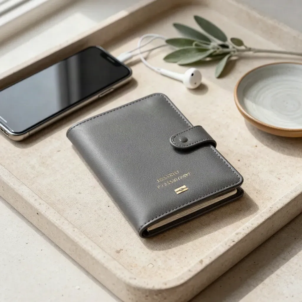 Passport wallet, phone, earbuds and plant sprig on a linen tray for cheap flight tips.