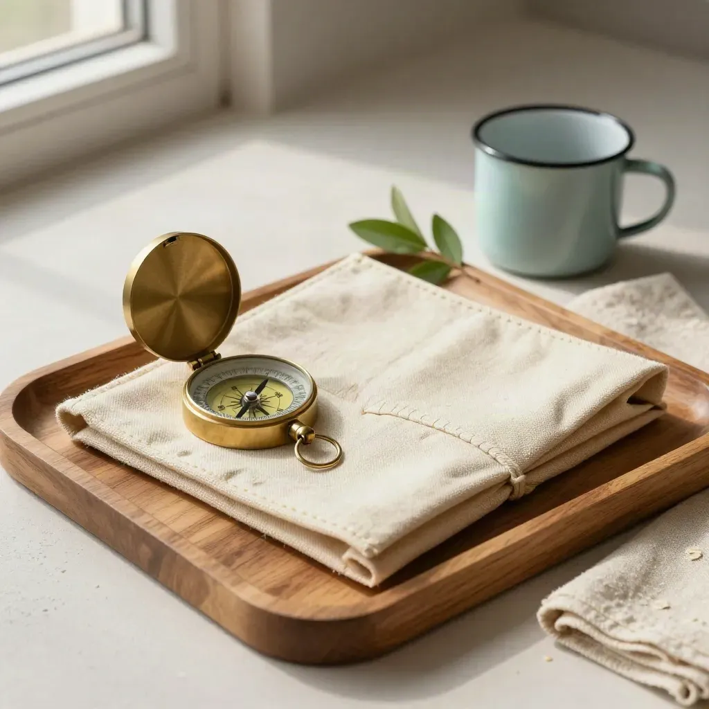 Brass compass, map case, enamel mug and greenery on a wooden tray in soft daylight.