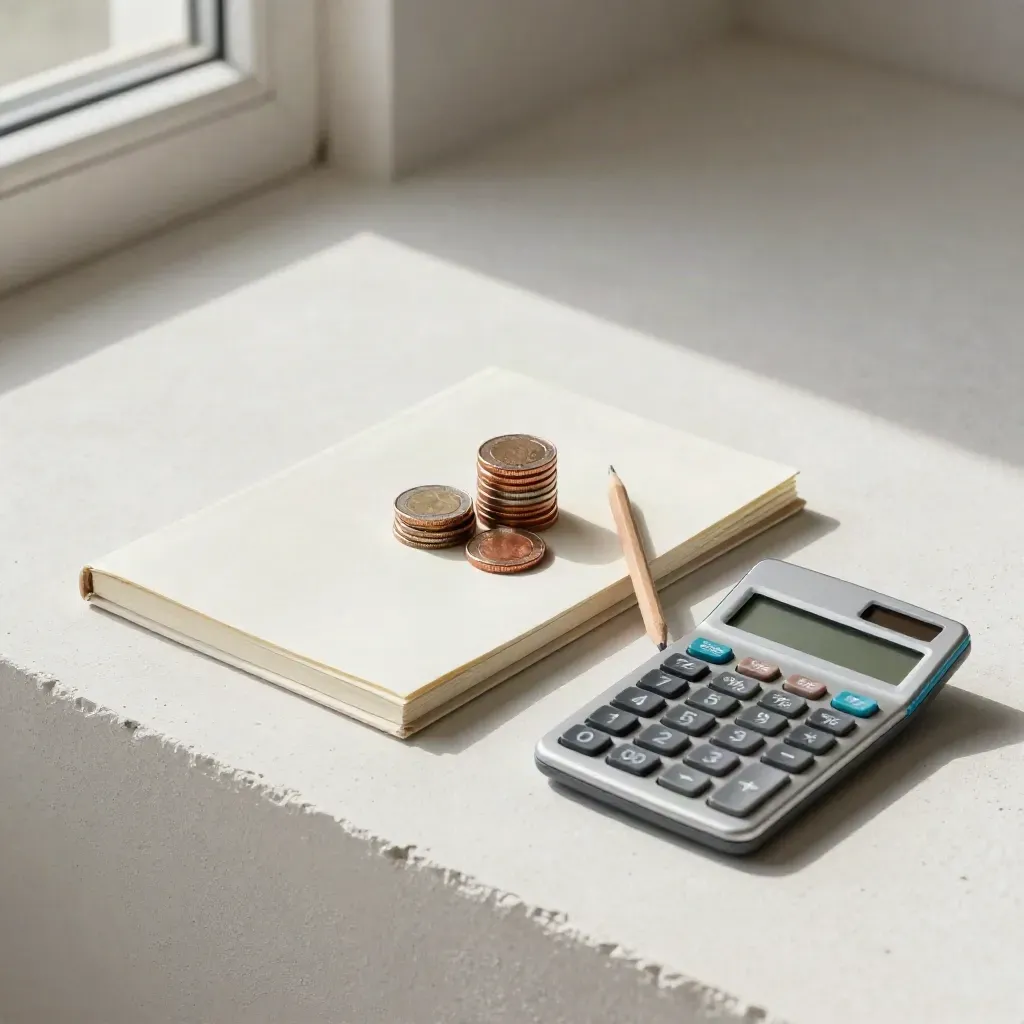 Overhead still life of coins, calculator, notebook and pencil on an off-white plaster surface.