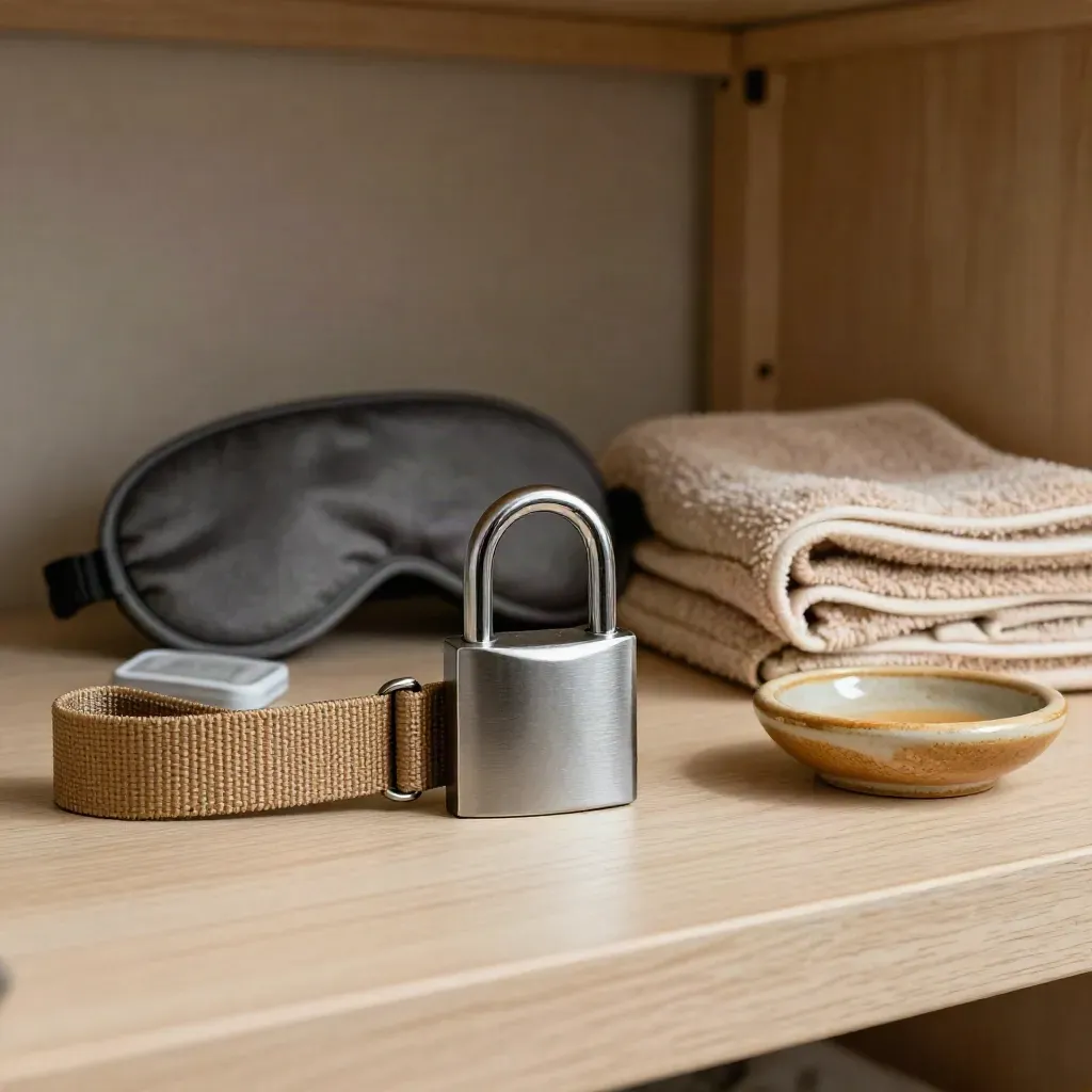 Padlock, sleep mask, earplugs case, towel and soap dish on pale wood beside a bunk shelf.