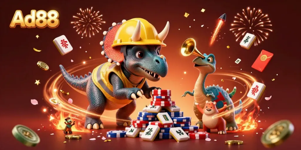 Experience thrilling gambling excitement with Ad88 as a triceratops builds poker chips with joy, surrounded by celebratory elements.