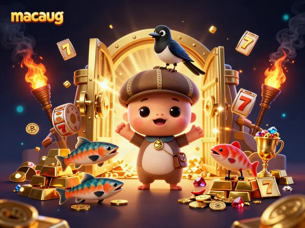 Engage with macaugg slots with 3D characters and vibrant casino elements in a playful illustration.