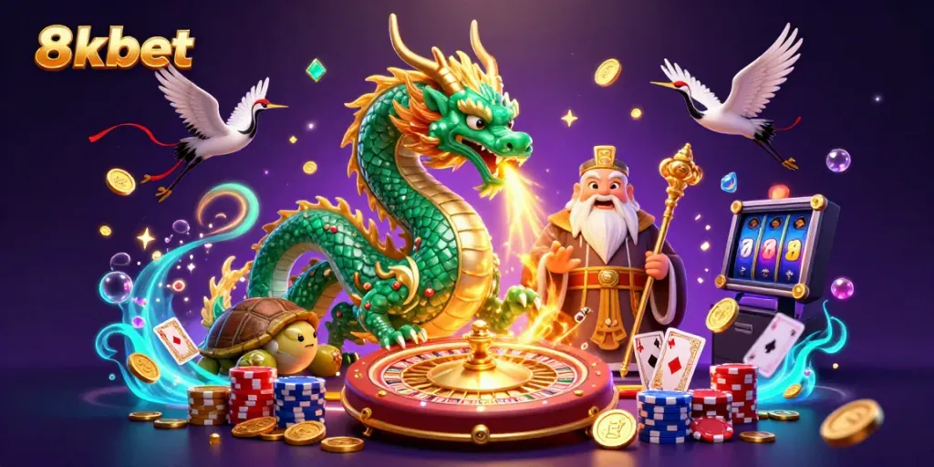 Experience the thrilling world of 8xbet with a vibrant illustration showcasing lucky symbols and casino elements.