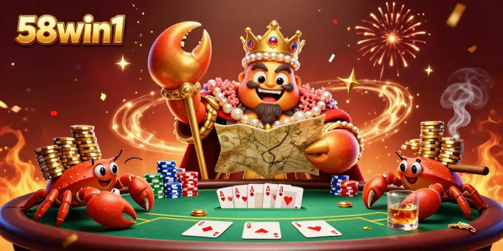 Engage with 58win1 in this vibrant casino scene showcasing poker and gold treasures in a lively atmosphere.
