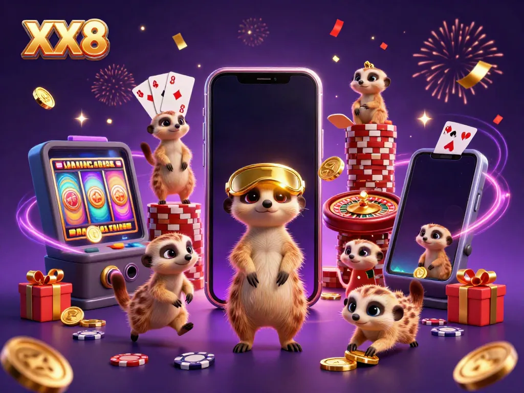 Meerkats joyfully managing a vibrant casino environment, showcasing their dynamic card game and slot machine action with XX8 branding.
