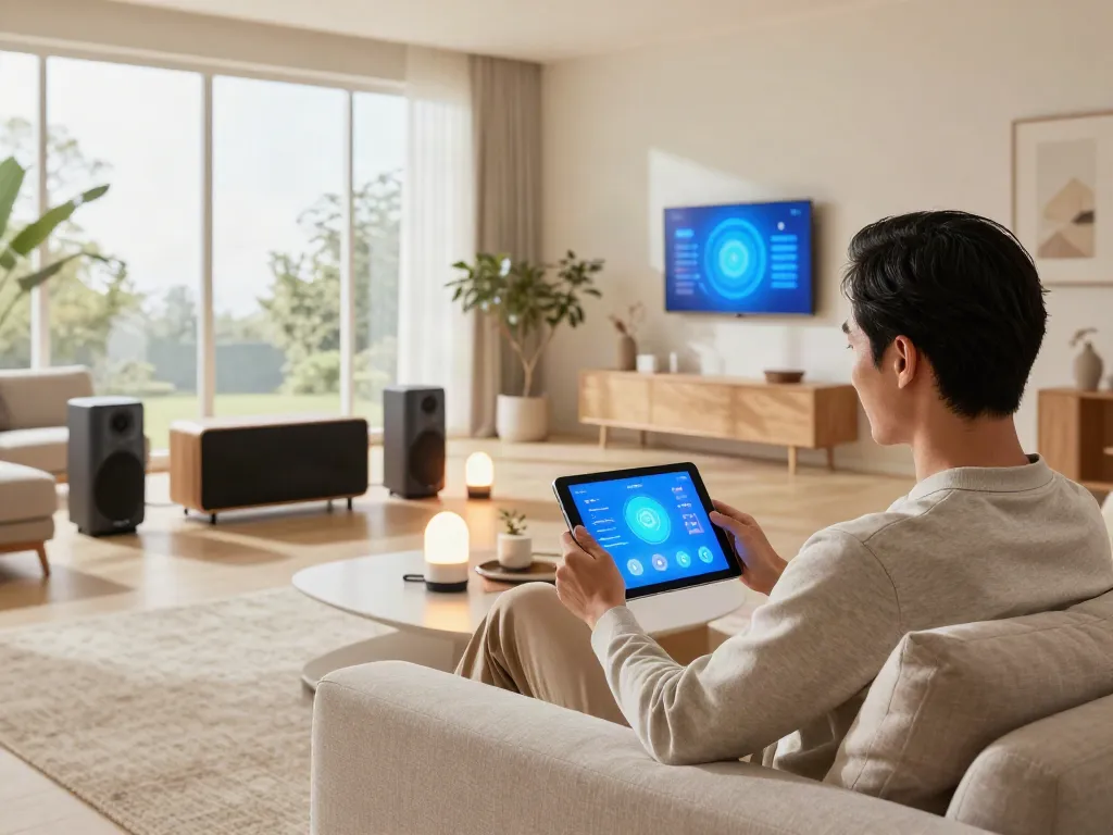 Smart audio system in a modern living room by جهان اسمارت, showcasing a tech-savvy homeowner controlling devices.