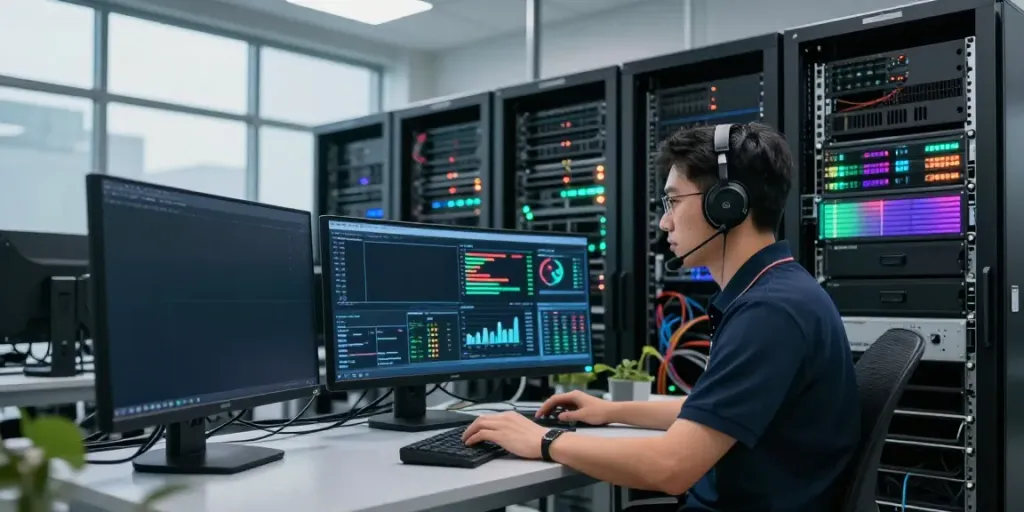 Technician monitoring GPU performance metrics in a modern AI data center.