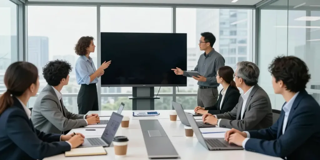 Business team discussing and collaborating, click here for info on project strategies.