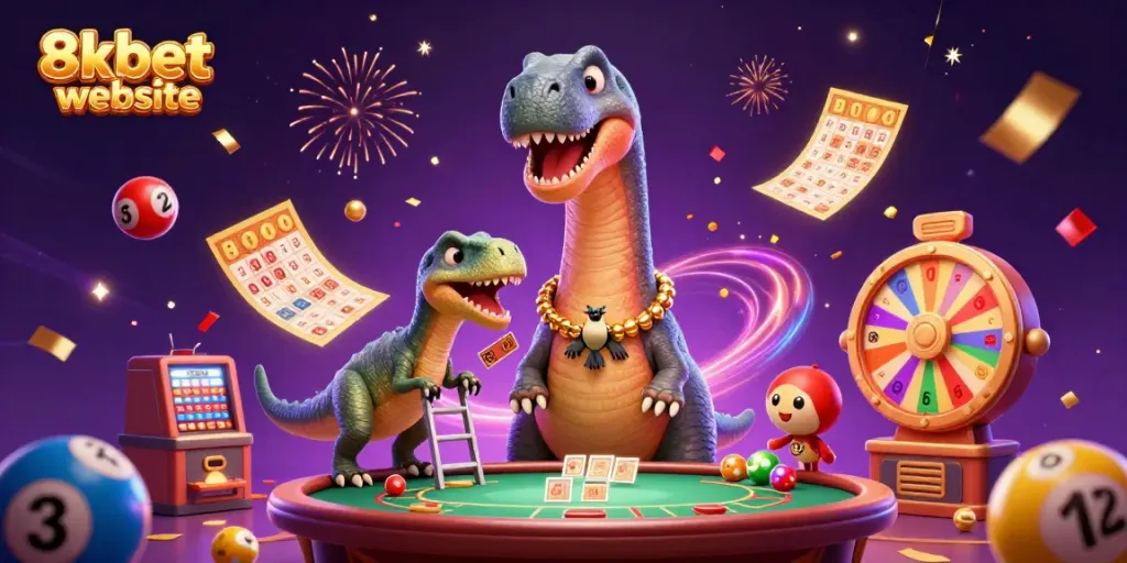 Join the excitement at the 8xbet website with vibrant lottery balls and a towering brontosaurus!