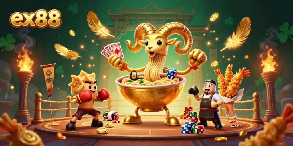 Experience excitement at ex88 with a golden ramen bowl dealer and vibrant casino cheerleaders.