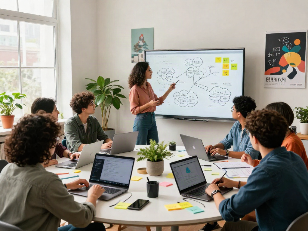 Team brainstorming session in tech startup office, showcasing a vibrant atmosphere where colleagues crush on innovative ideas.