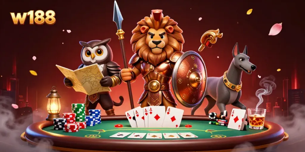 Experience the thrilling online atmosphere of w188 with vibrant characters and dynamic poker action.