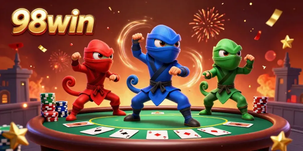Engage with 98win's vibrant 3D casino scene featuring ninja chameleons, poker elements, and celebration effects.