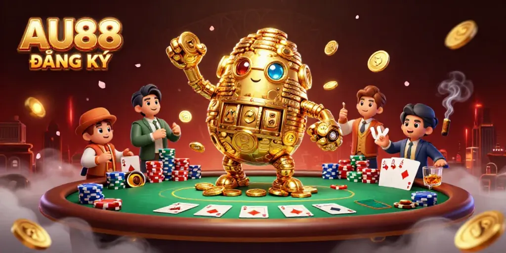 Experience exciting AU88 ĐĂNG KÝ casino games featuring a golden golem and poker elements.