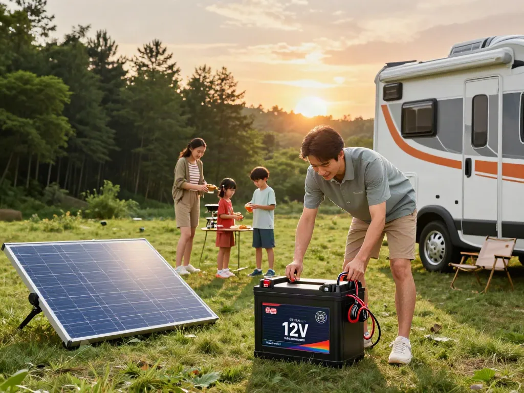 Family using 12v batteries for camping, RV, solar setup in picturesque outdoor setting