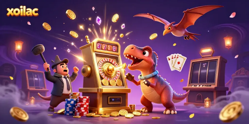 Engaging xoilac scene with a dinosaur and a slot machine surrounded by cascading coins, capturing excitement.