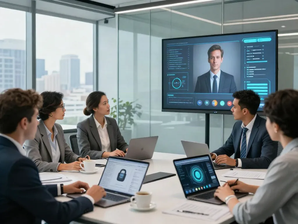 Deepfake-protected meetings with a diverse team collaborating in a modern office.