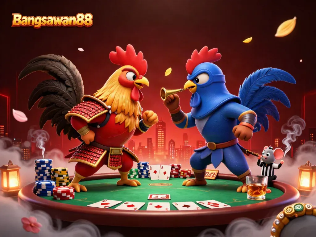 Bangsawan88 features twin cartoon roosters in combat with casino elements, showcasing dynamic gambling action.